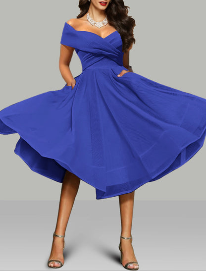A-Line Prom Dresses Vintage Dress Wedding Guest Summer Tea Length Sleeveless Off Shoulder Organza Backless