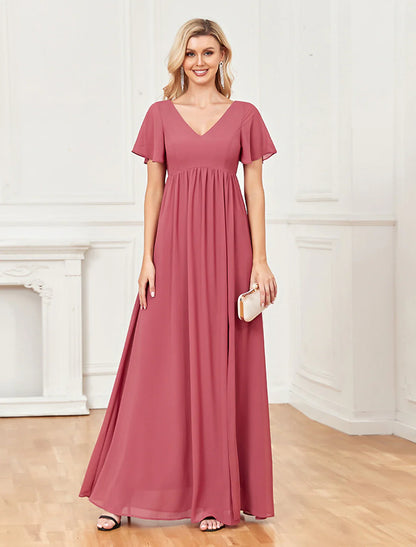 Evening Gown Empire Dress Party Wear Floor Length Short Sleeve V Neck Chiffon V Back with Slit