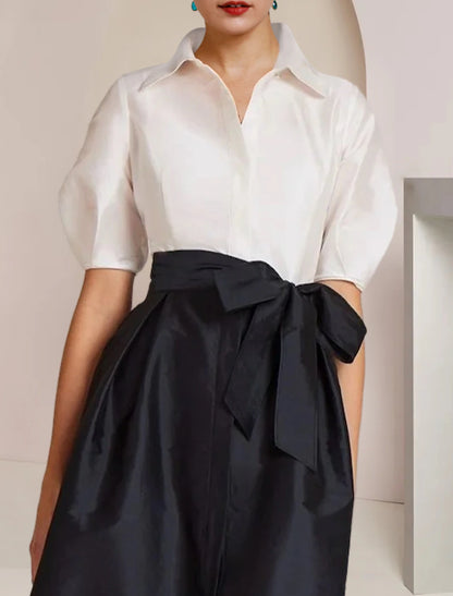 A-Line Mother of the Bride Dress Formal Wedding Guest Elegant Party Shirt Collar Floor Length Taffeta Short Sleeve