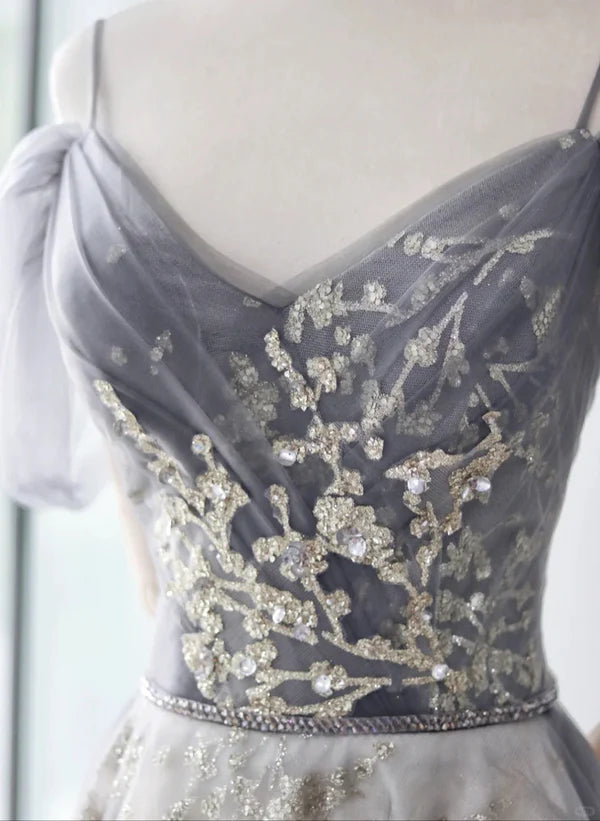 Light Grey Tulle A-line Straps Long Party Prom Dress