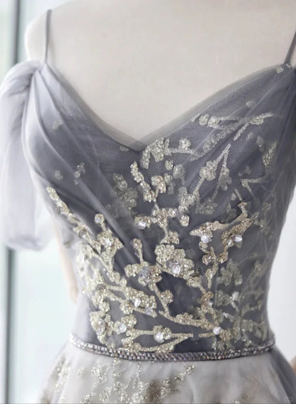 Light Grey Tulle A-line Straps Long Party Prom Dress