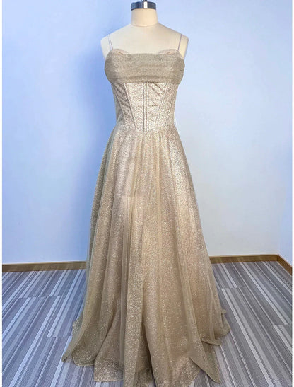 A-Line Evening Gown Corsets Dress Summer Floor Length Sleeveless Cowl Neck Tulle with Glitter