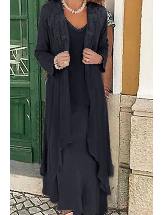 Two Piece A-Line Mother of the Bride Dress Formal Wedding Guest Elegant Plus Size Casual V Neck Floor Length Lace Linen Cotton Blend Sleeveless Jacket Dresses
