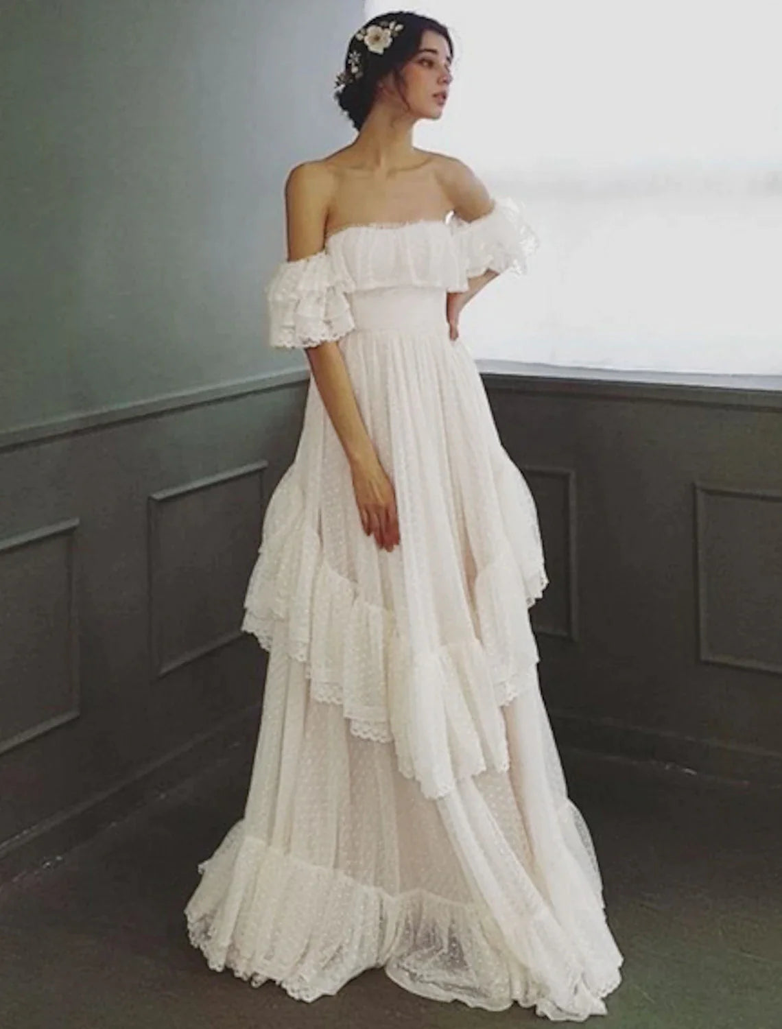 Beach Wedding Dresses Sweep / Brush Train A-Line Cap Sleeve Off Shoulder Tulle With Ruffles