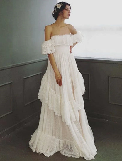 Beach Wedding Dresses Sweep / Brush Train A-Line Cap Sleeve Off Shoulder Tulle With Ruffles