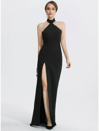 Sheath / Column Evening Gown Black Dress Dress Wedding Guest Prom Floor Length Sleeveless Halter Neck with Ruched