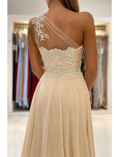 A-Line Prom Dresses Sexy Dress Formal Wedding Guest Court Train Sleeveless One Shoulder Chiffon