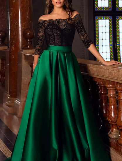A-Line Evening Gown Corsets Dress Masquerade Floor Length 3/4 Length Sleeve Off Shoulder Satin