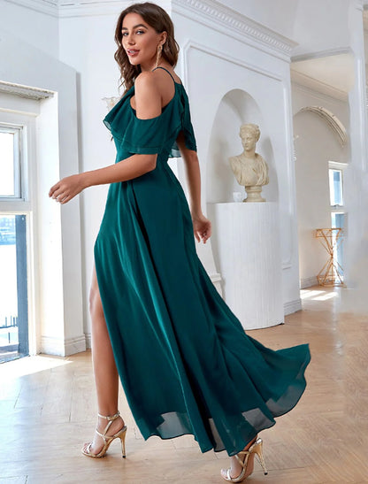 Evening Dress Spaghetti Strap Short Sleeve Ankle Length Chiffon with Ruffles Slit Pure Color