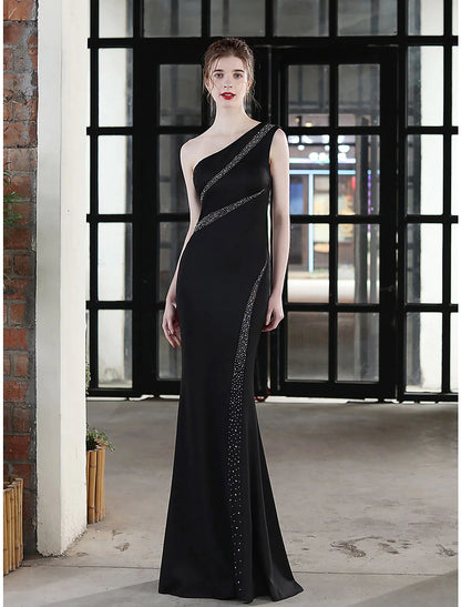 Mermaid / Trumpet Evening Gown Sexy Dress Wedding Guest Floor Length Sleeveless One Shoulder Satin with Crystals