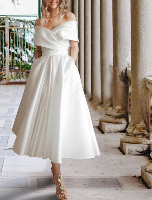 Reception Wedding Dresses Simple Wedding Dresses Ball Gown Off Shoulder Cap Sleeve Tea Length Lace Bridal Gowns