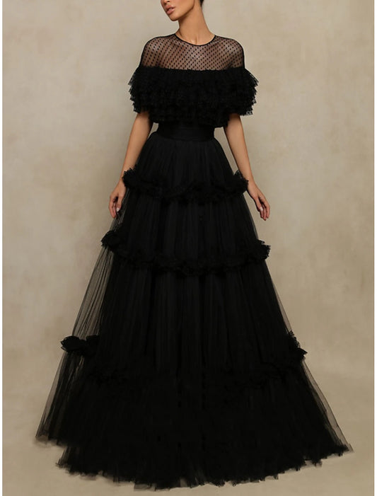 A-Line Prom Dresses Elegant Dress Formal Floor Length Short Sleeve Jewel Neck Tulle