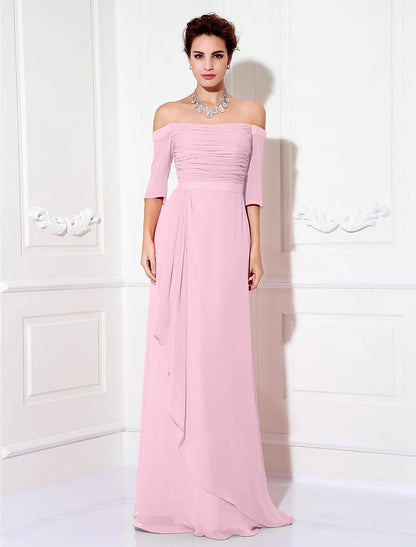 Sheath / Column Minimalist Dress Wedding Guest Sweep / Brush Train Half Sleeve Off Shoulder Chiffon with Ruched Draping