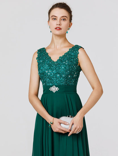 Wedding Guest Formal Evening Floor Length Sleeveless V Neck Chiffon V Back with Sash / Ribbon Beading