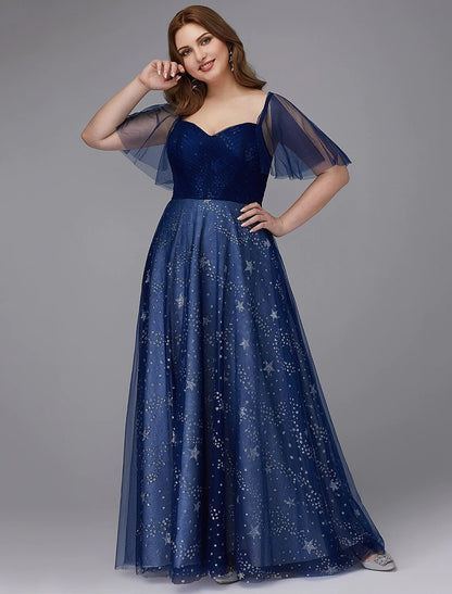 A-Line Plus Size Evening  Dress Floor Length Short Sleeve Sweetheart Tulle Lace-up with Beading Pattern / Print
