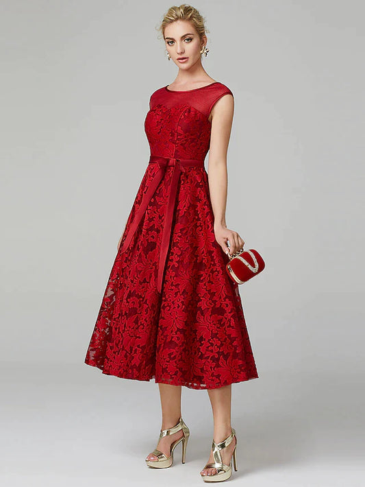Cocktail Party Tea Length Sleeveless Illusion Neck All Over Floral Lace with Pleats