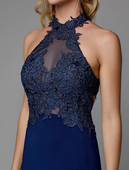 Sheath / Column Evening Gown Cut Out Dress Wedding Guest Floor Length Sleeveless Halter Neck Spandex Crisscross Back with Appliques