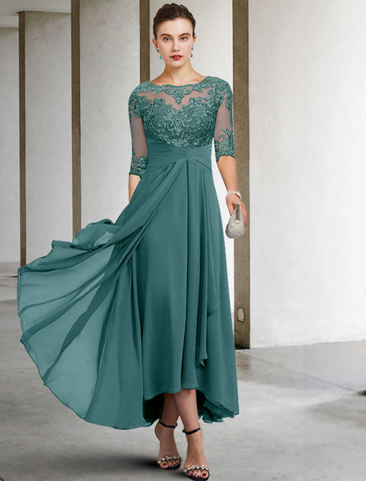 A-Line Mother of the Bride Dress Wedding Guest Elegant Plus Size High Low V Neck Asymmetrical Ankle Length Chiffon Lace Half Sleeve