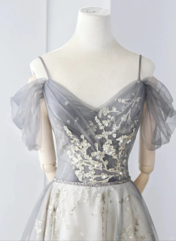 Light Grey Tulle A-line Straps Long Party Prom Dress