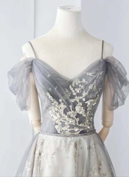 Light Grey Tulle A-line Straps Long Party Prom Dress