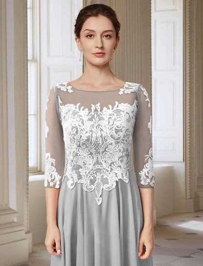 A-Line Mother of the Bride Dress Elegant Jewel Neck Asymmetrical Ankle Length Chiffon Lace 3/4 Length Sleeve