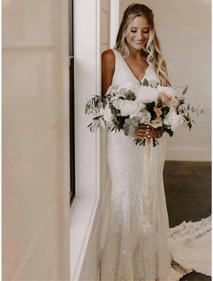 Reception Formal Wedding Dresses Mermaid / Trumpet V Neck Sleeveless Court Train Lace Bridal Gowns With Embroidery