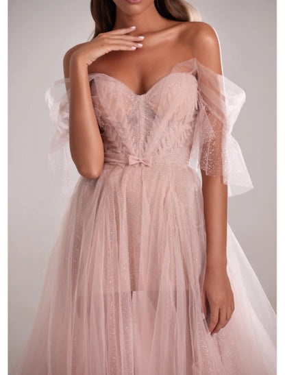 Evening Dress Sweetheart Neckline Sleeveless Court Train Tulle with Bow(s) Pleats