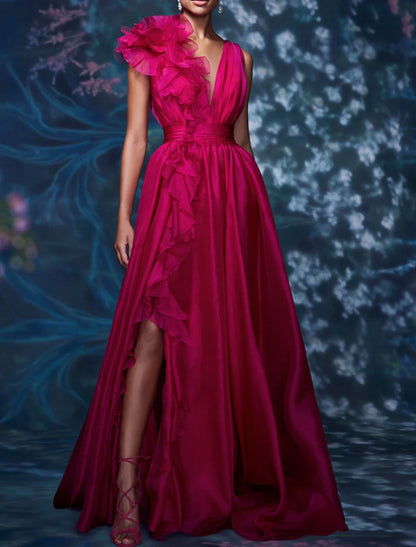 Evening Gown Celebrity Style Dress Formal Wedding Guest Floor Length Sleeveless V Neck Chiffon with Slit Pure Color