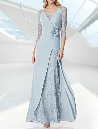A-Line Prom Gown Elegant Dress Formal Floor Length 3/4 Length Sleeve V Neck Fall Wedding Guest Chiffon