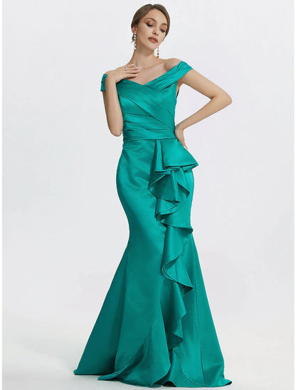 Sheath / Column Evening Gown Elegant Dress Formal Floor Length Sleeveless Off Shoulder Satin with Ruffles
