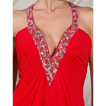 Evening Floor Length Sleeveless Plunging Neck Chiffon with Beading