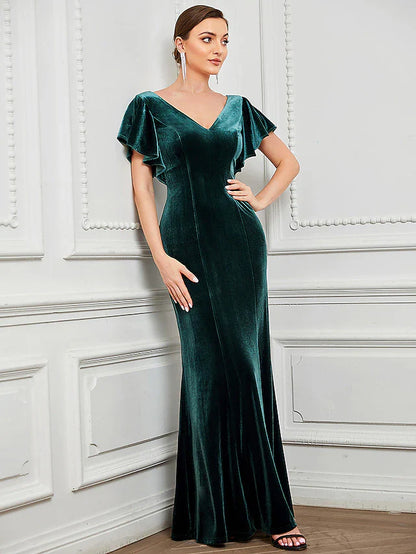 Evening Gown Vintage Dress Formal Floor Length Short Sleeve V Neck Velvet V Back with Ruffles Pure Color
