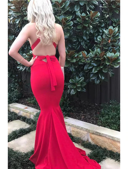 Evening Gown Sexy Dress Formal Court Train Sleeveless V Neck Stretch Fabric with Strappy
