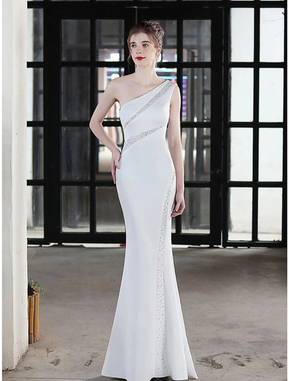 Mermaid / Trumpet Evening Gown Sexy Dress Wedding Guest Floor Length Sleeveless One Shoulder Satin with Crystals
