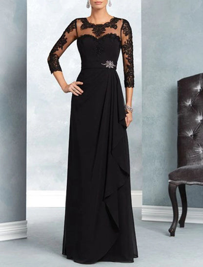 A-Line Mother of the Bride Dress Wedding Guest Elegant Party Jewel Neck Floor Length Chiffon Lace 3/4 Length Sleeve