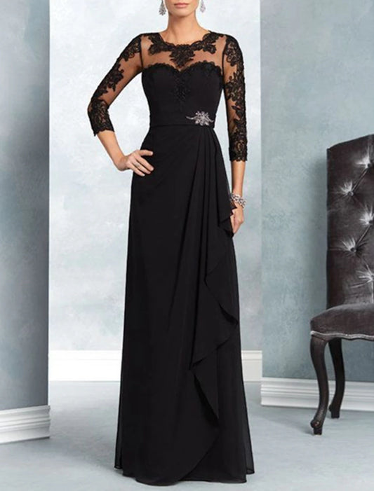A-Line Mother of the Bride Dress Wedding Guest Elegant Party Jewel Neck Floor Length Chiffon Lace 3/4 Length Sleeve