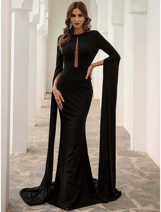 Evening Gown Elegant Dress Formal Fall Court Train Long Sleeve Jewel Neck Stretch Fabric with Pleats