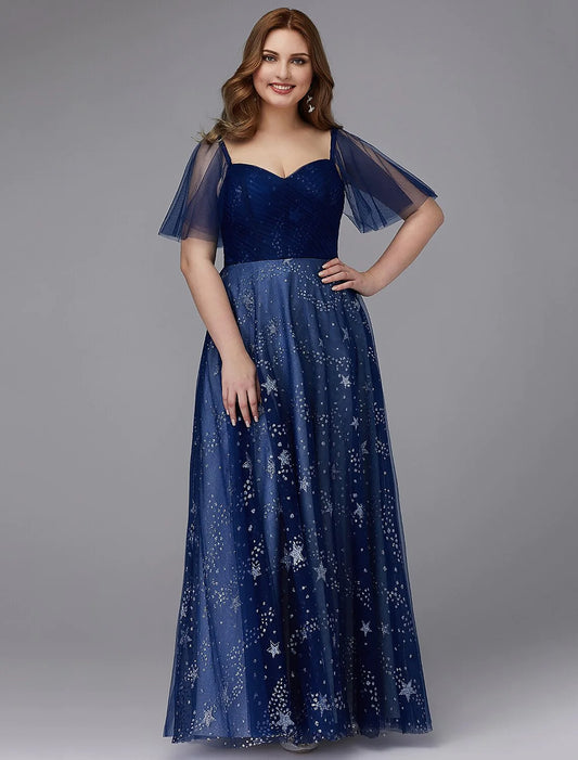 A-Line Plus Size Evening  Dress Floor Length Short Sleeve Sweetheart Tulle Lace-up with Beading Pattern / Print