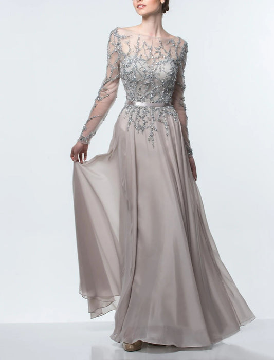 A-Line Mother of the Bride Dress Formal Wedding Guest Elegant Jewel Neck Floor Length Chiffon Sequined Long Sleeve