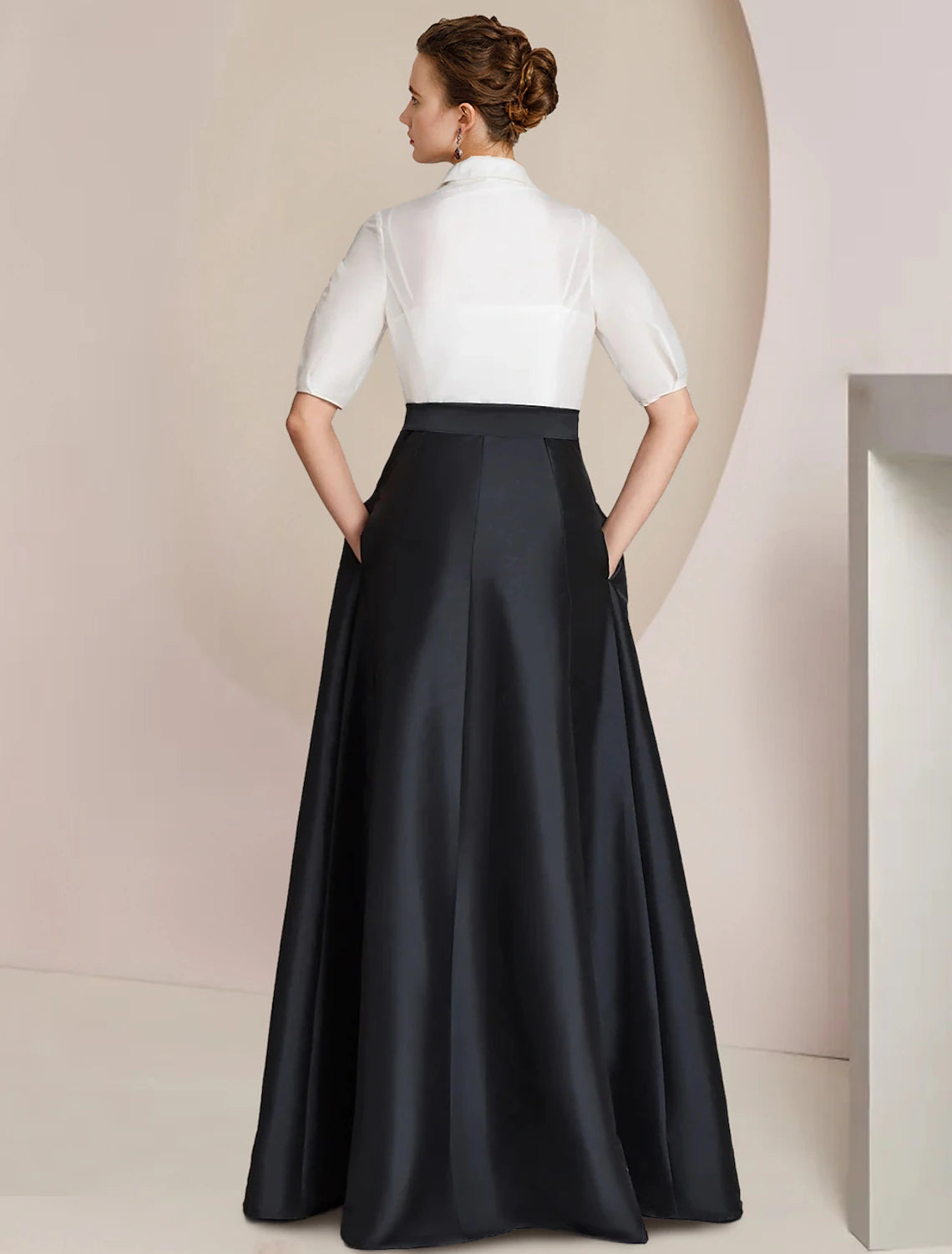 A-Line Mother of the Bride Dress Formal Wedding Guest Elegant Party Shirt Collar Floor Length Taffeta Short Sleeve