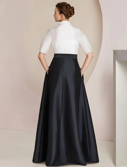 A-Line Mother of the Bride Dress Formal Wedding Guest Elegant Party Shirt Collar Floor Length Taffeta Short Sleeve