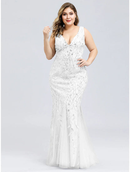 Mermaid / Trumpet Evening Gown Plus Size Dress Wedding Guest Engagement Floor Length Sleeveless V Neck Lace V Back with Appliques