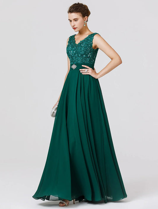 Wedding Guest Formal Evening Floor Length Sleeveless V Neck Chiffon V Back with Sash / Ribbon Beading