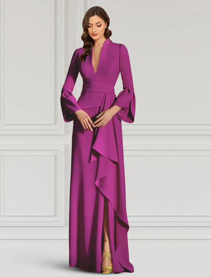 Sheath Evening Gown Elegant Black Dress Formal Cocktail Party Dress Floor Length Long Sleeve V Neck Fall Wedding Guest with Ruffles
