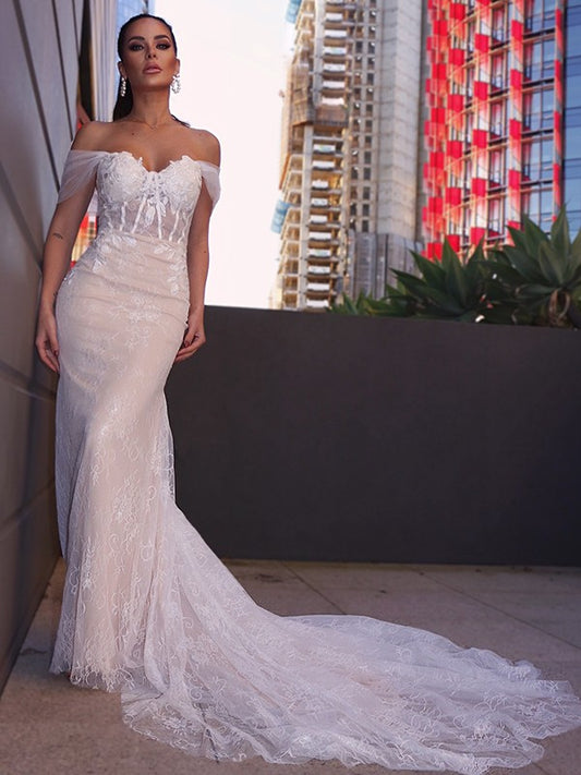Lace Sleeveless Off-the-Shoulder Applique Court Train Wedding Dresses