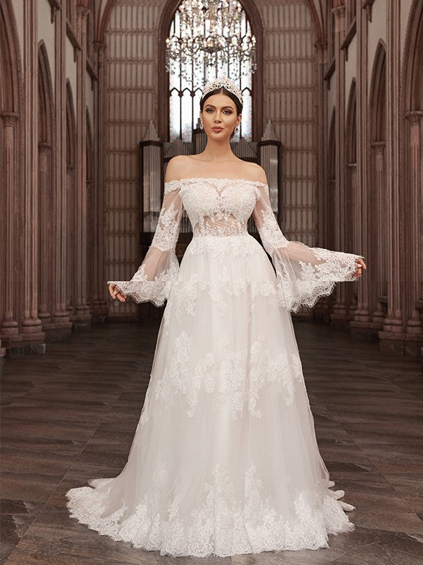 Off-the-Shoulder Tulle Long Sleeves Applique Sweep/Brush Train Wedding Dresses
