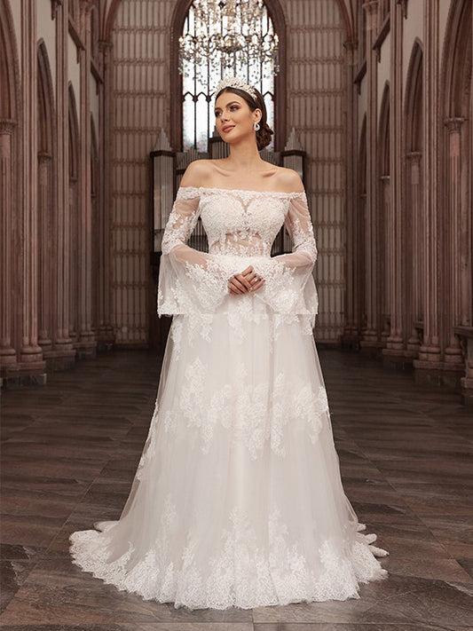 Off-the-Shoulder Tulle Long Sleeves Applique Sweep/Brush Train Wedding Dresses