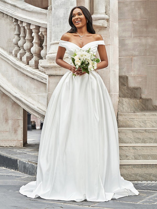 Off-the-Shoulder Ruched Sleeveless Satin Court Train Wedding Dresses