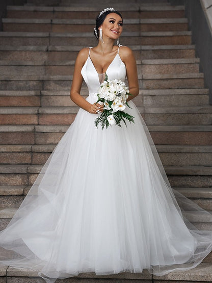 Tulle Ruffles V-neck Sleeveless Sweep/Brush Train Wedding Dresses