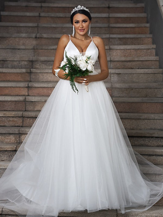 Tulle Ruffles V-neck Sleeveless Sweep/Brush Train Wedding Dresses